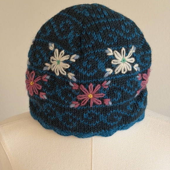 Lost Horizons Teal Wool Crochet Detailing Floral Knit Beanie - Made in Nepal - Picture 2 of 9